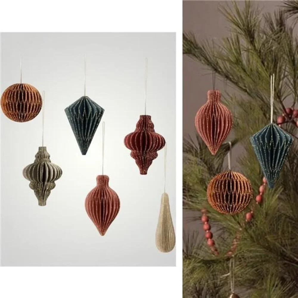 NEW West Elm 6 Piece Boho Glitter Paper Christmas Tree Ornaments Set Decor - 3